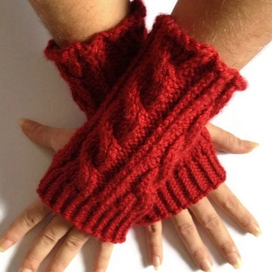Fingerless Gloves Wrist Warmers in Red Cable Handknit