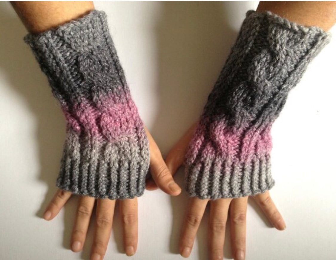 Fingerless Gloves Wrist Warmers in Gray and Pink Ombre Sparkle Handknit