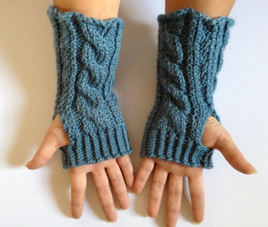 Fingerless Gloves Wrist Warmers in Dusty Blue Cable Handknit