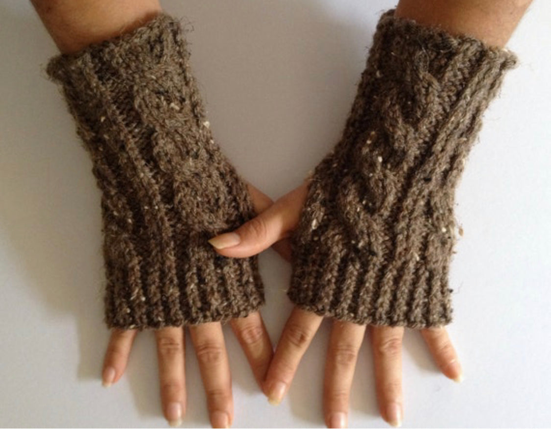 Fingerless Gloves Wrist Warmers in Chocolate Brown Cable Handknit
