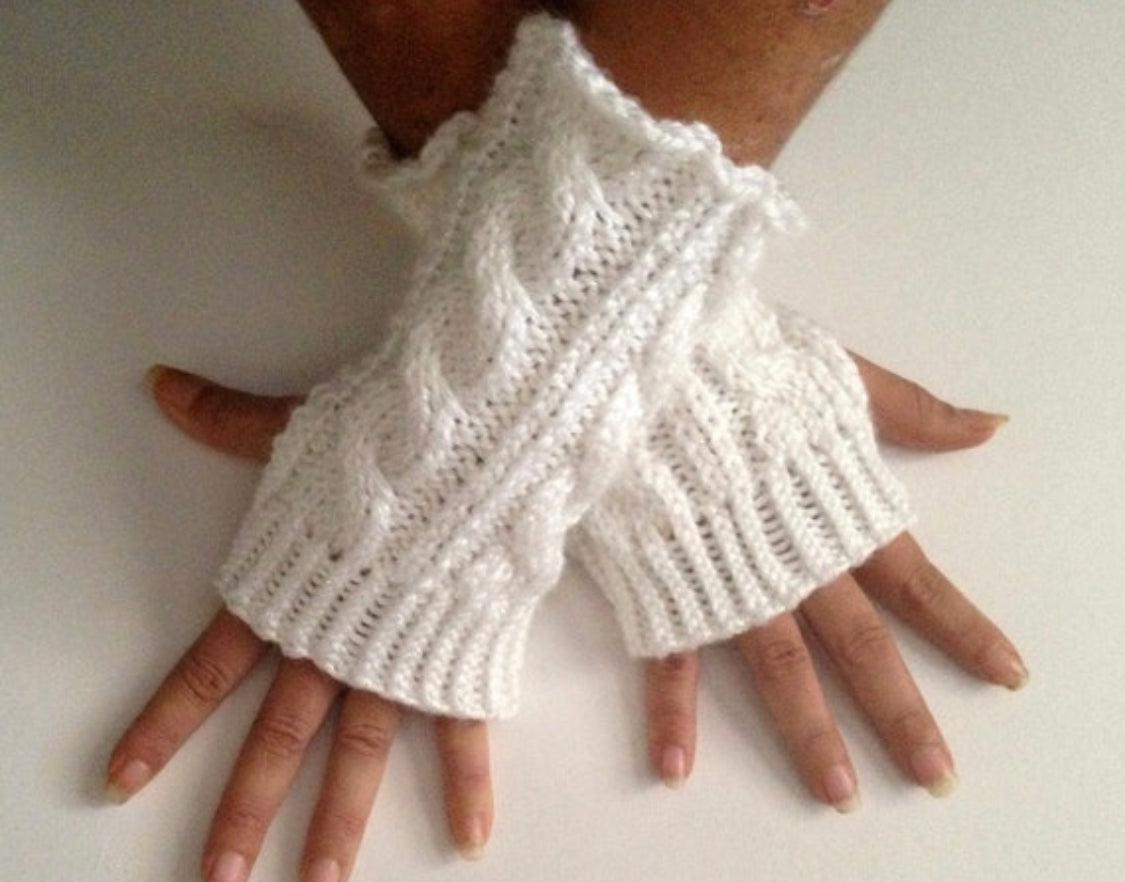 Fingerless Gloves Wrist Warmers in Snow Sparkle Handknit