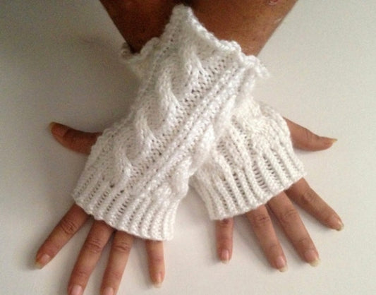 Fingerless Gloves Wrist Warmers in Snow Sparkle Handknit