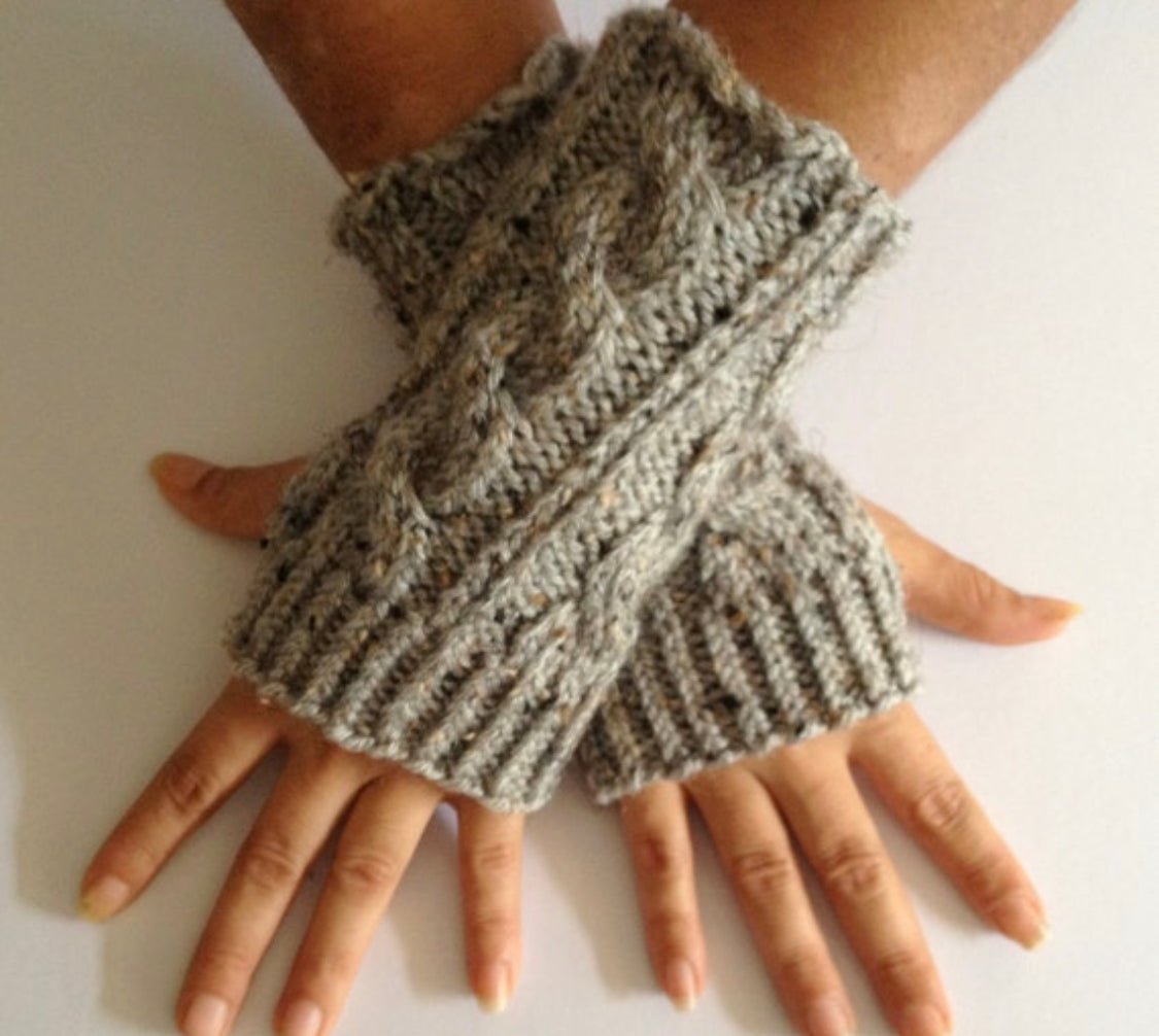 Fingerless Gloves Wrist Warmers in Grey Marble Cable Handknit