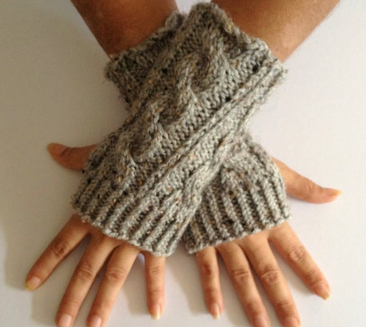 Fingerless Gloves Wrist Warmers in Grey Marble Cable Handknit