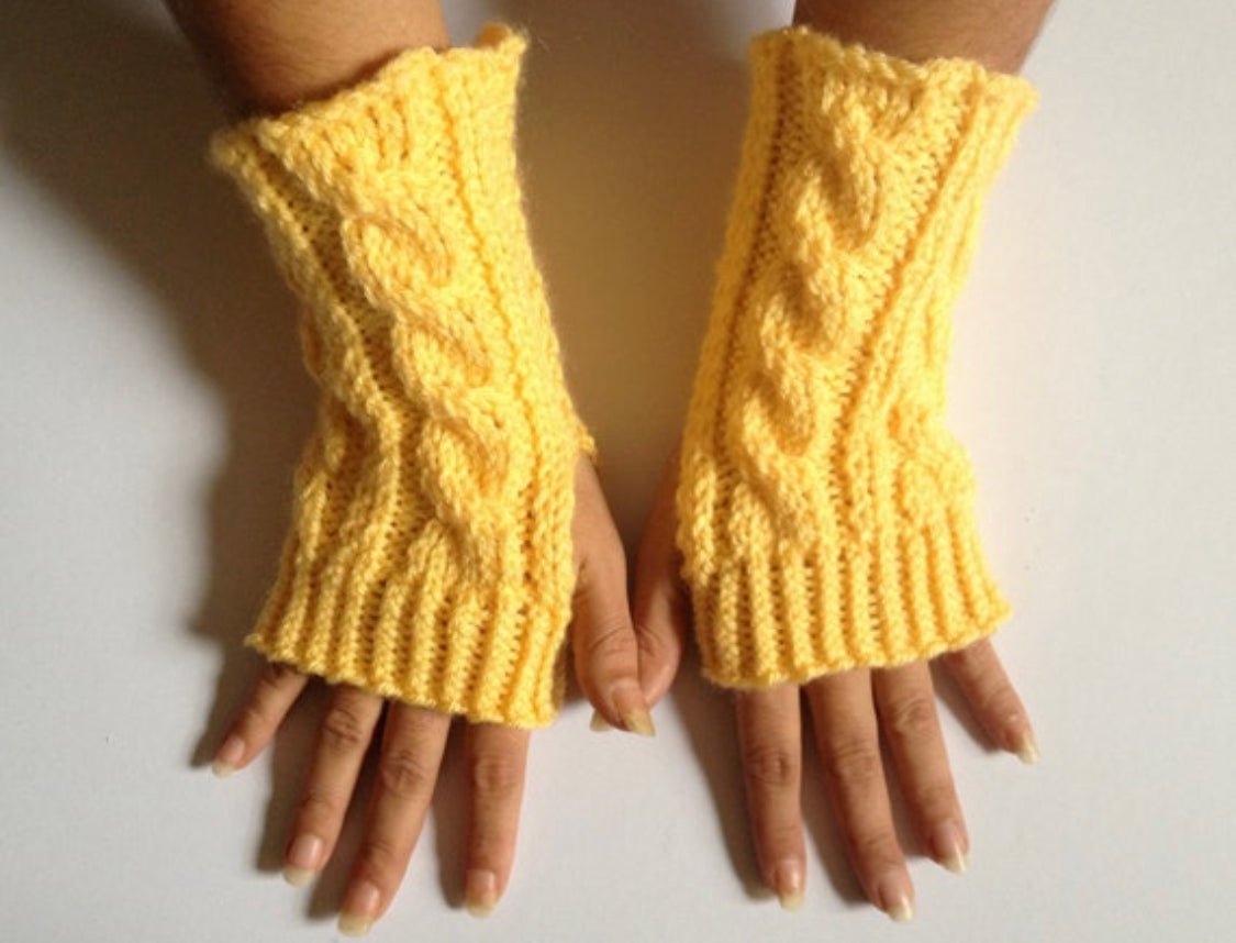 Fingerless Gloves Wrist Warmers in Yellow Cable Handknit