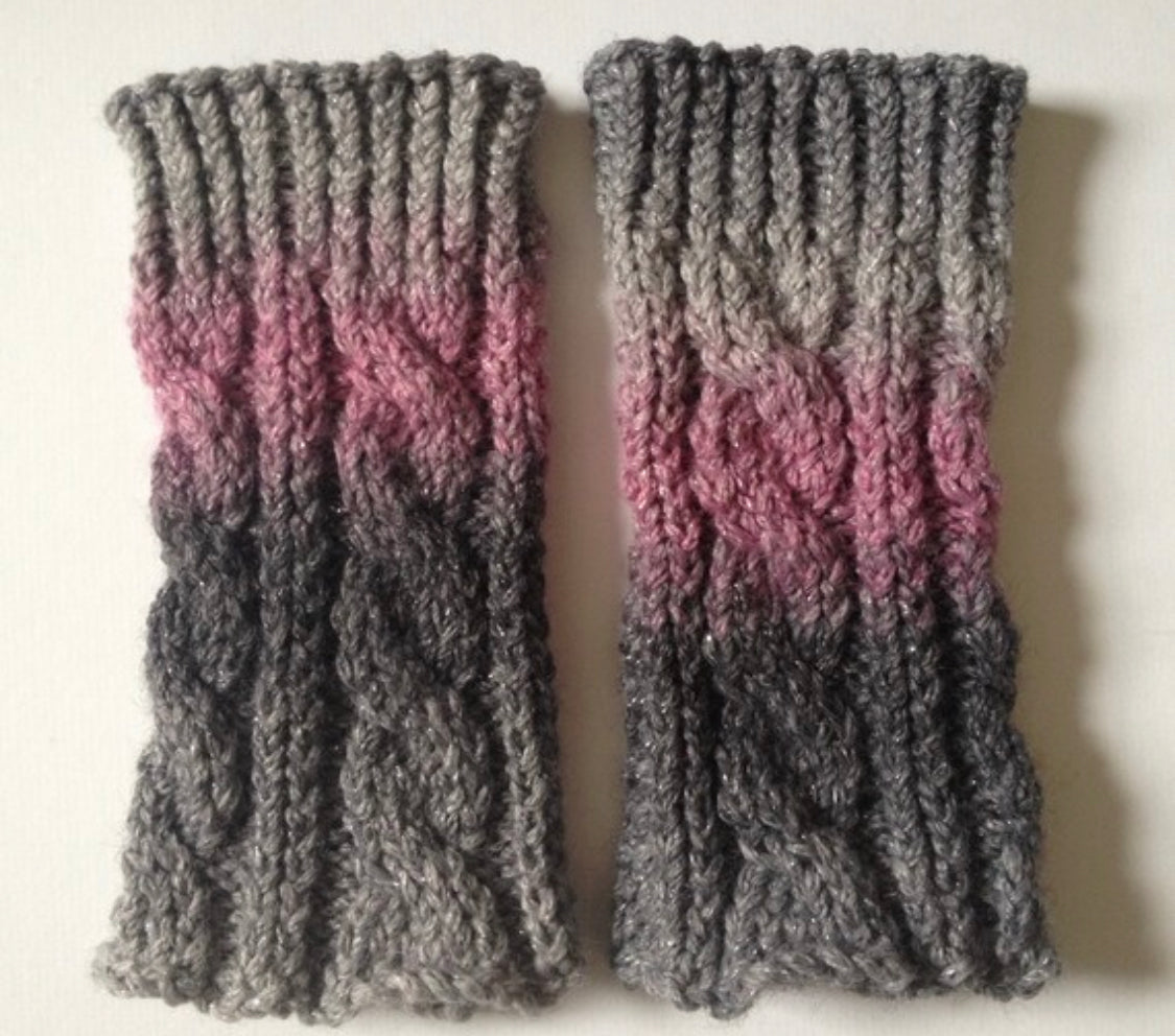 Fingerless Gloves Wrist Warmers in Gray and Pink Ombre Sparkle Handknit