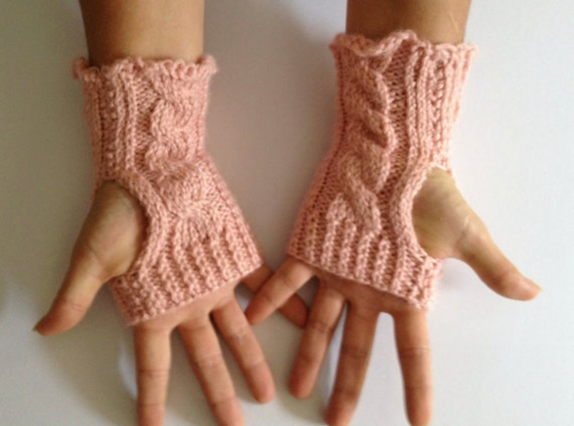 Fingerless Gloves Wrist Warmers in Pink Cable Handknit