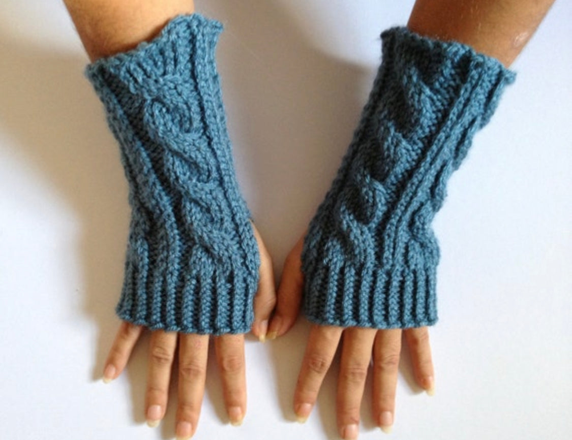 Fingerless Gloves Wrist Warmers in Dusty Blue Cable Handknit