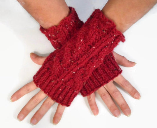 Red Tweed Fingerless Gloves Ruby Wrist Warmers Cable Handknit