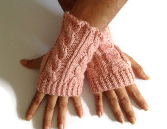 Fingerless Gloves Wrist Warmers in Pink Cable Handknit