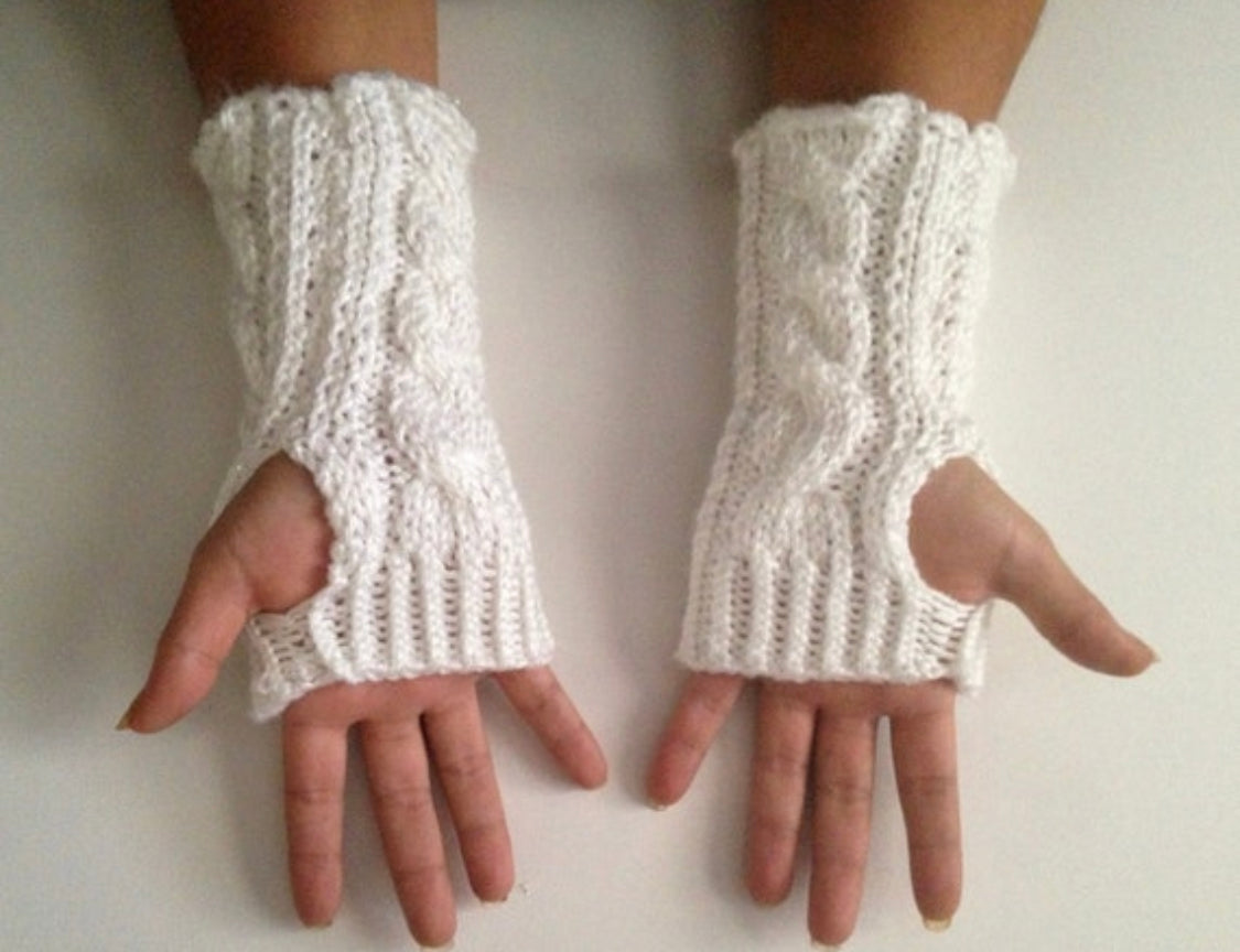 Fingerless Gloves Wrist Warmers in Snow Sparkle Handknit