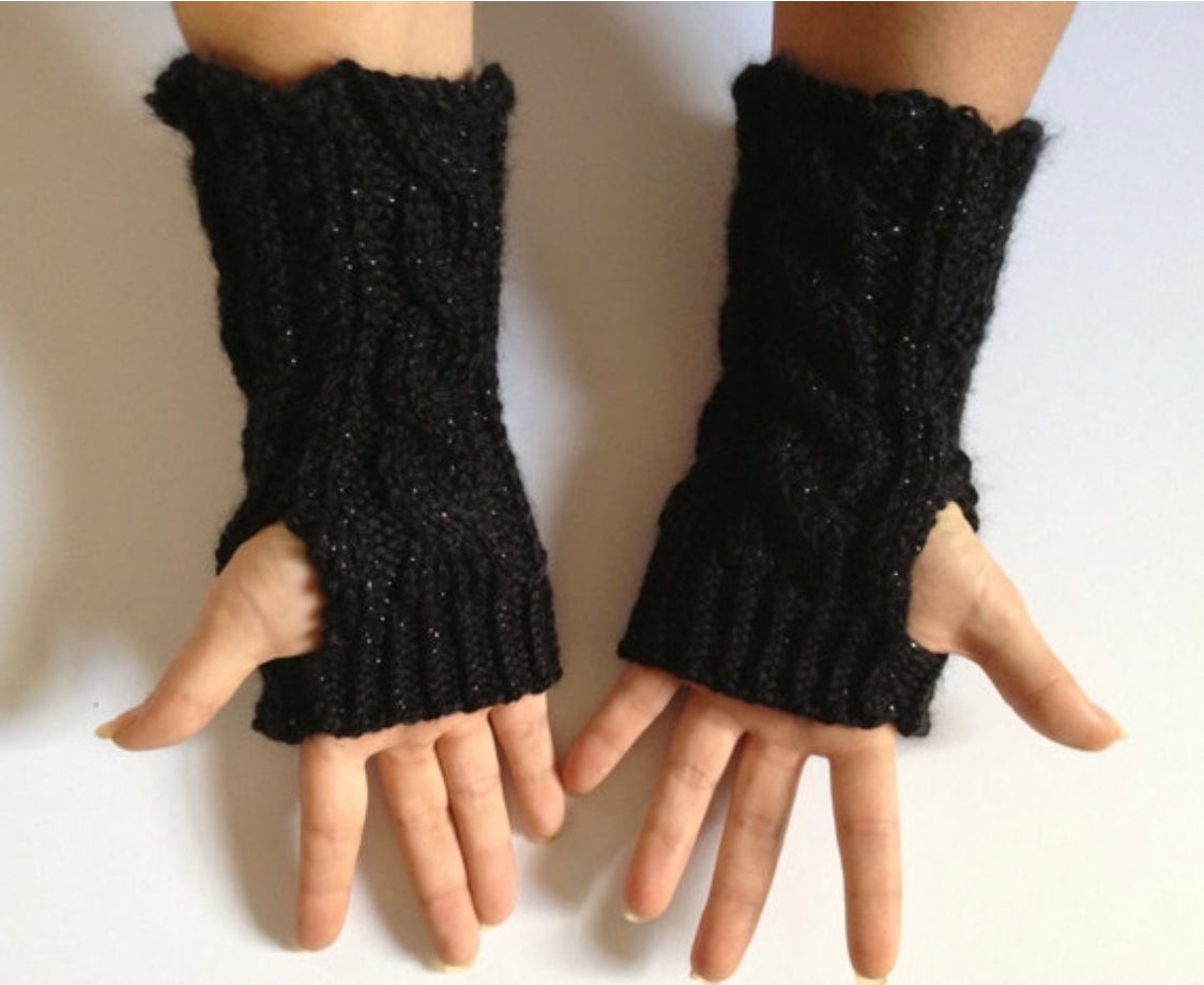 Fingerless Gloves Wrist Warmers in Black Sparkle Handknit