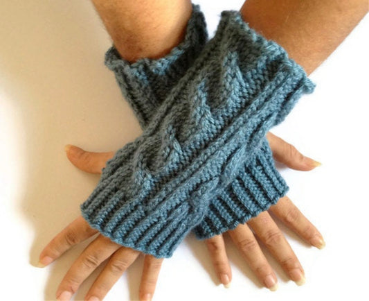 Fingerless Gloves Wrist Warmers in Dusty Blue Cable Handknit