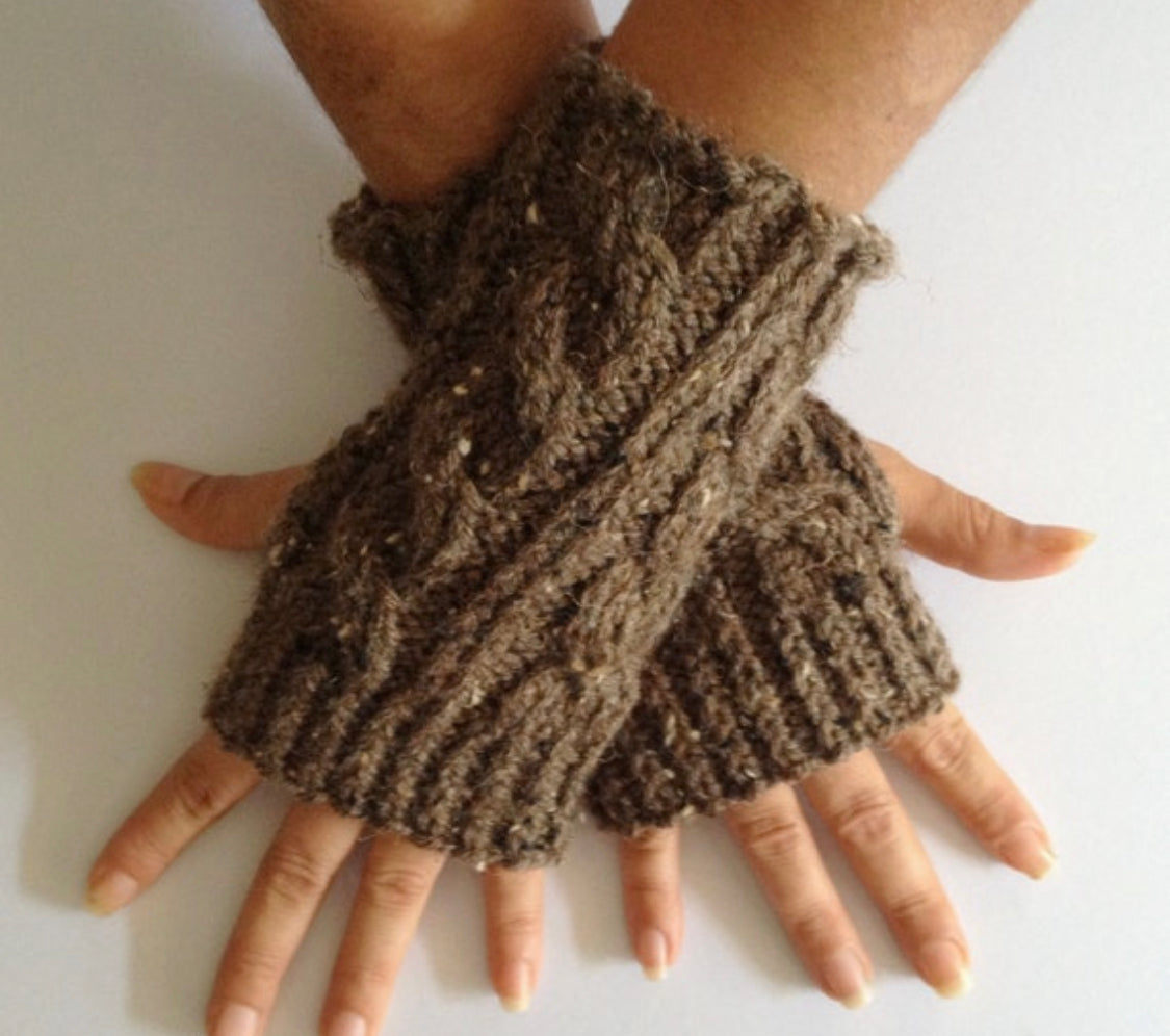 Fingerless Gloves Wrist Warmers in Chocolate Brown Cable Handknit