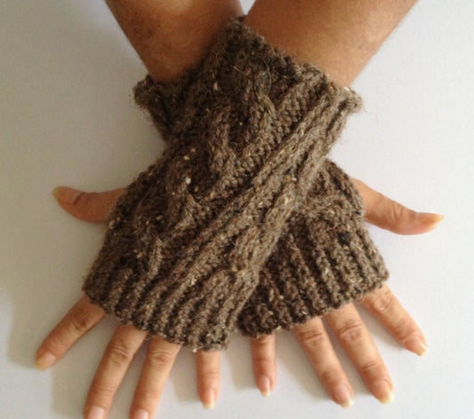 Fingerless Gloves Wrist Warmers in Chocolate Brown Cable Handknit