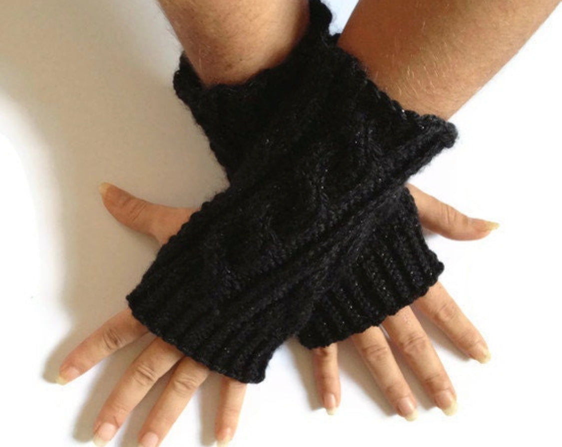 Fingerless Gloves Wrist Warmers in Black Sparkle Handknit