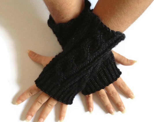 Fingerless Gloves Wrist Warmers in Black Sparkle Handknit