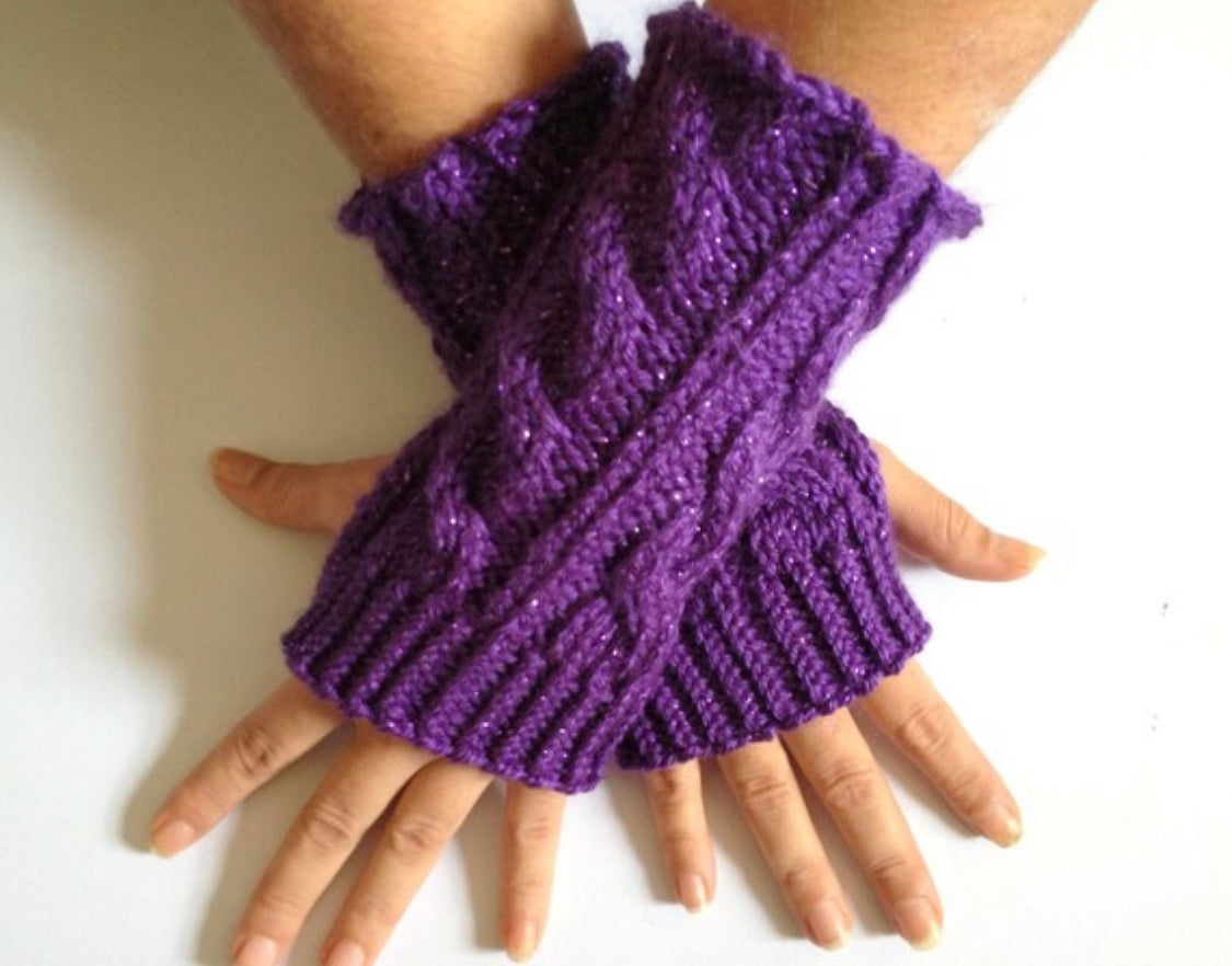 Fingerless Gloves Wrist Warmers in Purple Sparkle Handknit
