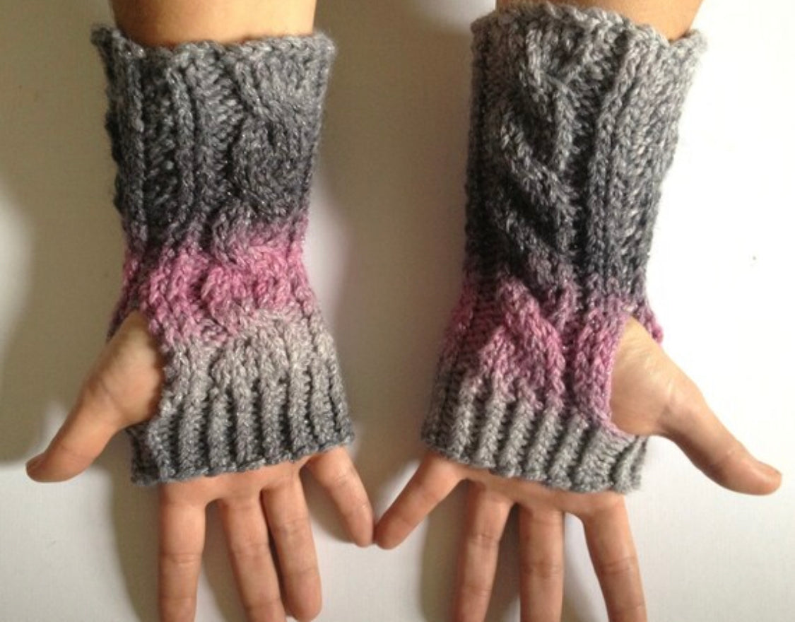 Fingerless Gloves Wrist Warmers in Gray and Pink Ombre Sparkle Handknit