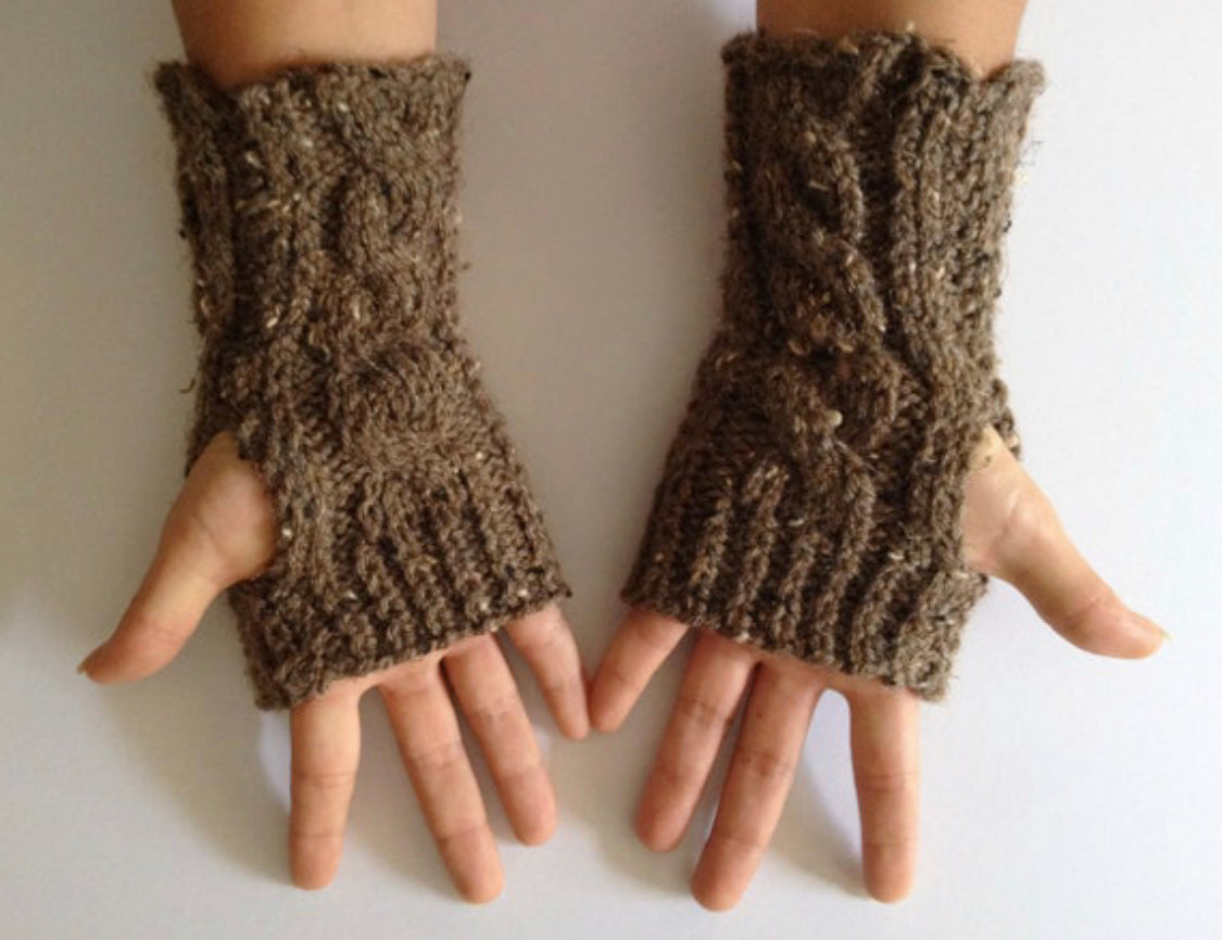 Fingerless Gloves Wrist Warmers in Chocolate Brown Cable Handknit