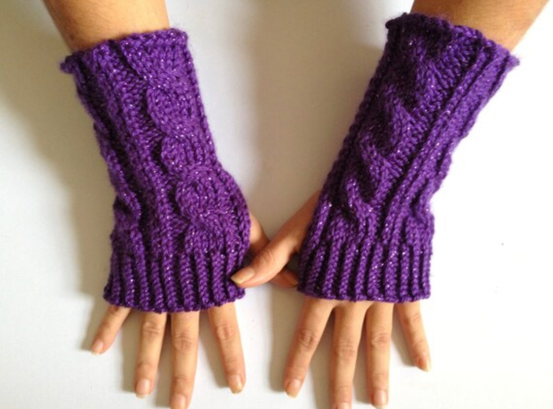 Fingerless Gloves Wrist Warmers in Purple Sparkle Handknit