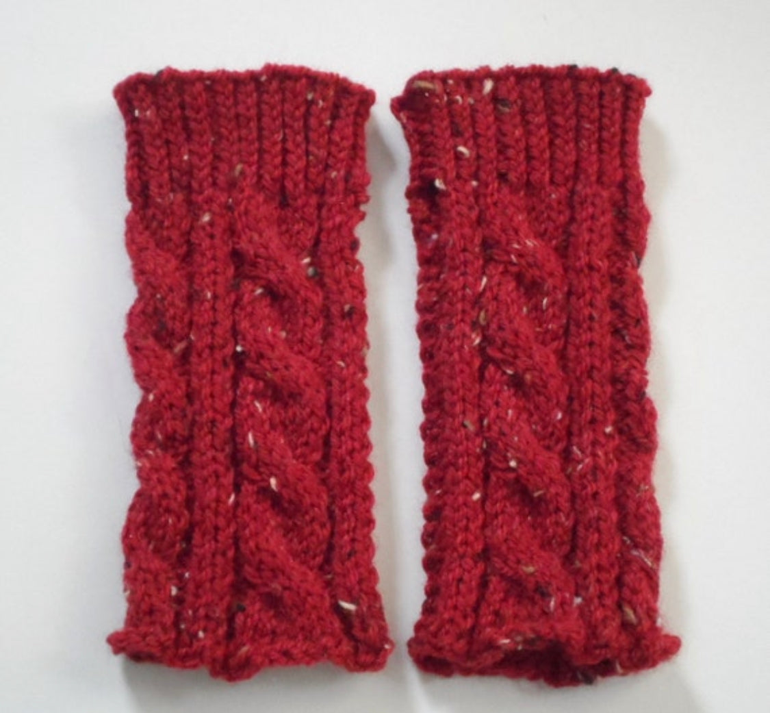 Red Tweed Fingerless Gloves Ruby Wrist Warmers Cable Handknit