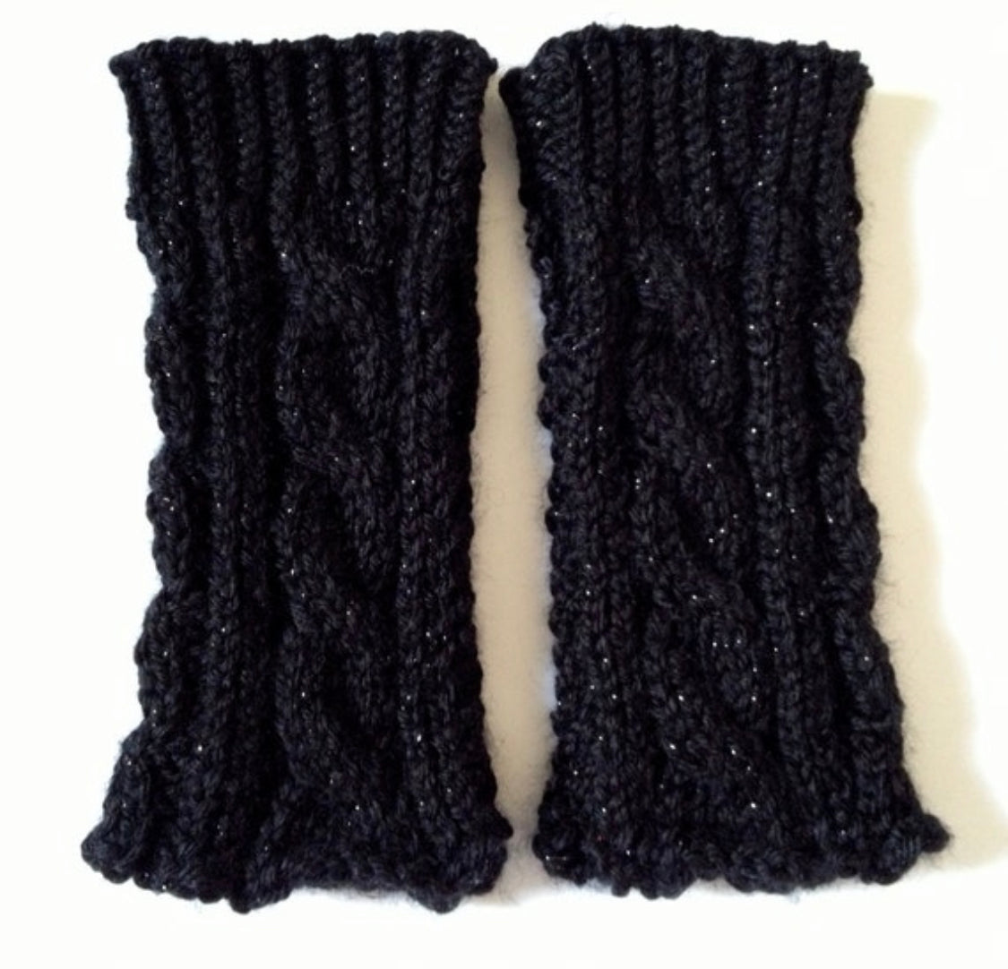 Fingerless Gloves Wrist Warmers in Black Sparkle Handknit