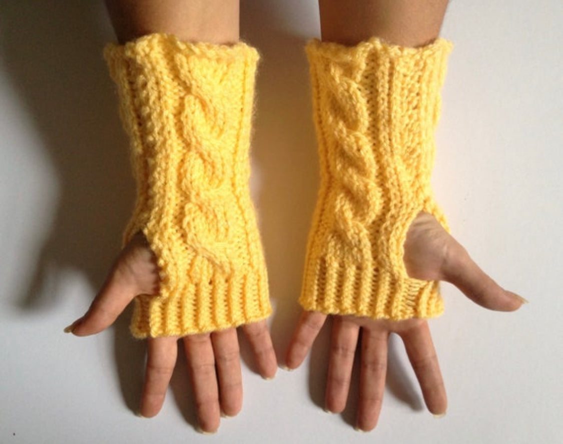Fingerless Gloves Wrist Warmers in Yellow Cable Handknit