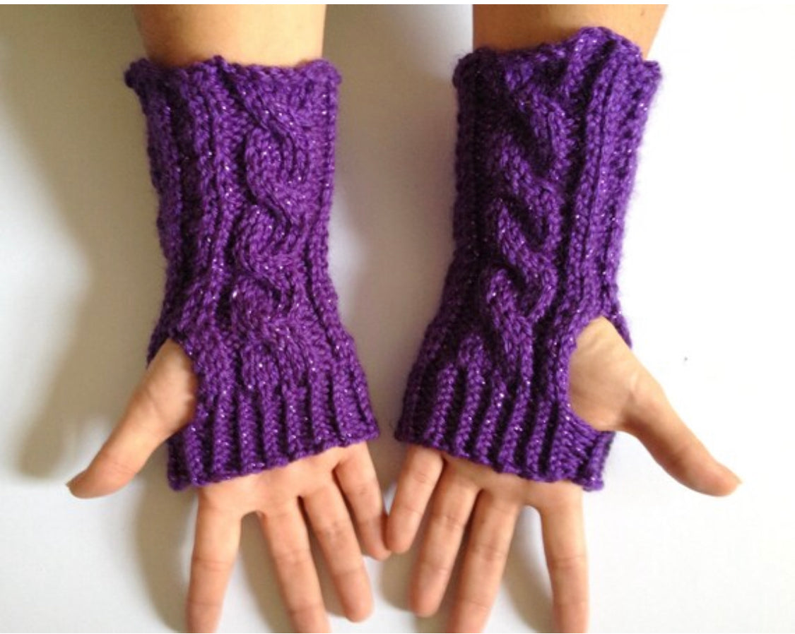 Fingerless Gloves Wrist Warmers in Purple Sparkle Handknit