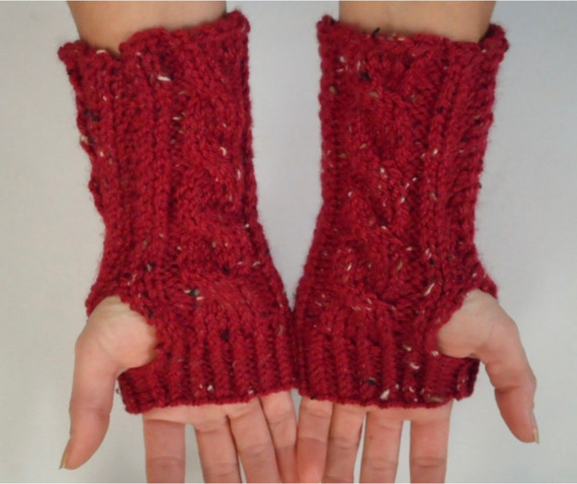 Red Tweed Fingerless Gloves Ruby Wrist Warmers Cable Handknit