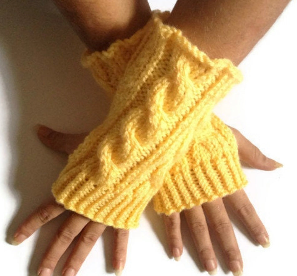 Fingerless Gloves Wrist Warmers in Yellow Cable Handknit
