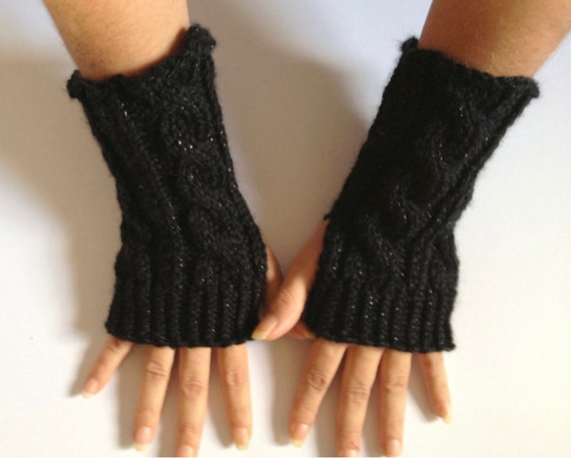 Fingerless Gloves Wrist Warmers in Black Sparkle Handknit
