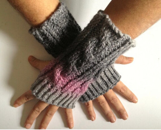 Fingerless Gloves Wrist Warmers in Gray and Pink Ombre Sparkle Handknit