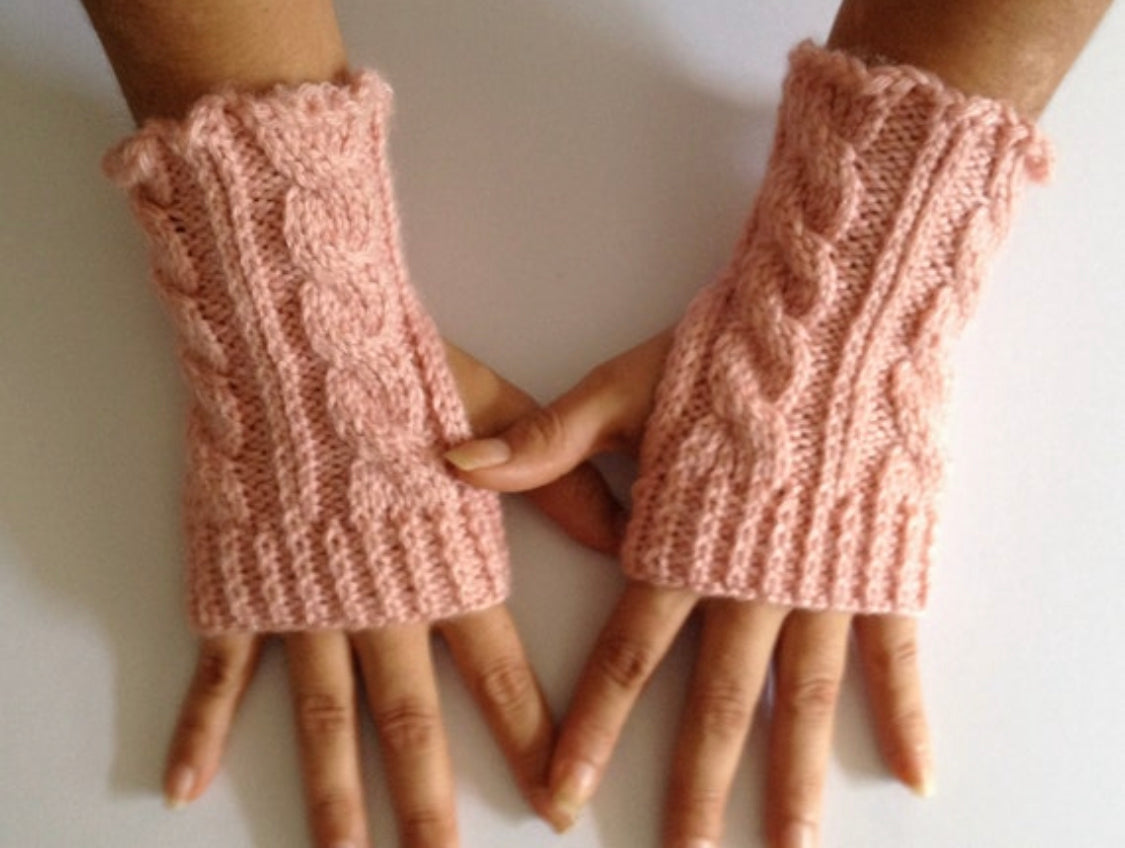 Fingerless Gloves Wrist Warmers in Pink Cable Handknit