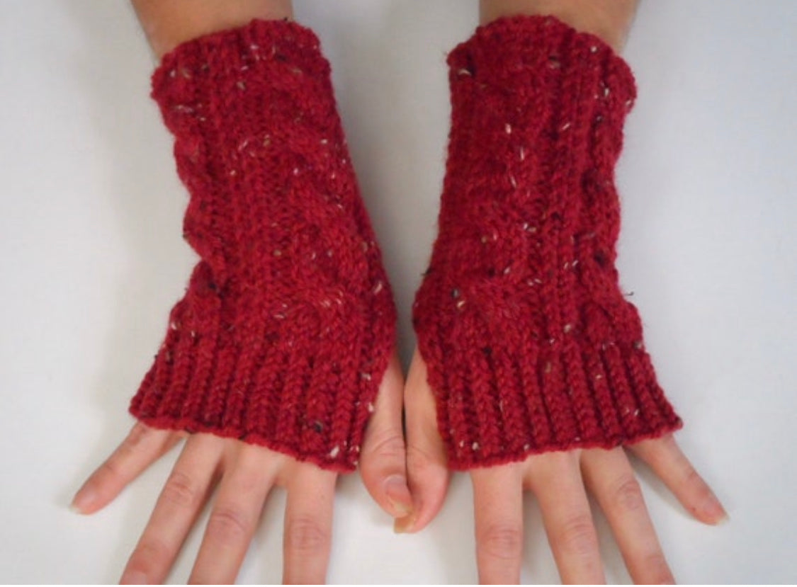 Red Tweed Fingerless Gloves Ruby Wrist Warmers Cable Handknit
